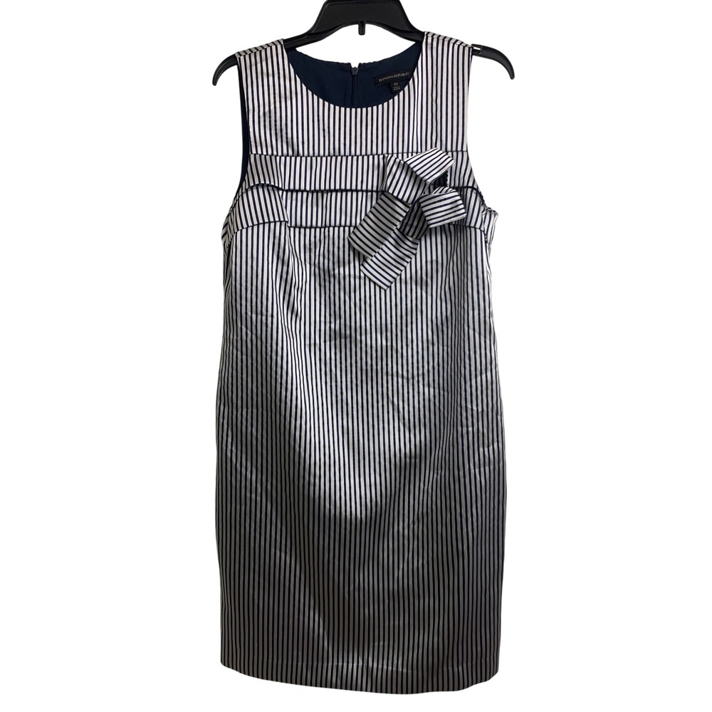 Banana Republic Metallic Stripe Bow Shift Dress Navy‎ Silver Sleeveless Size 10